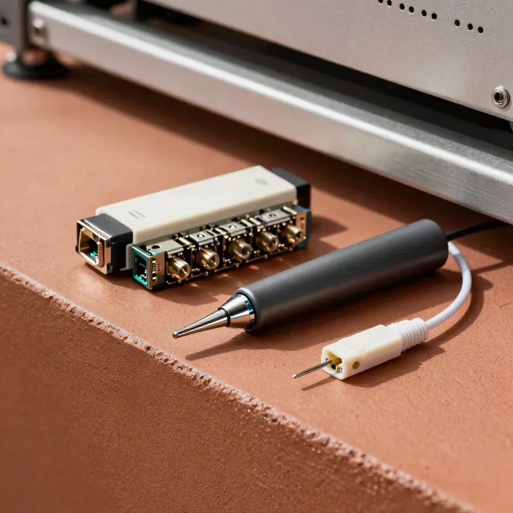 Vue zénithale d’une sonde de supervision réseau, transceivers et module loopback sur support terracotta.