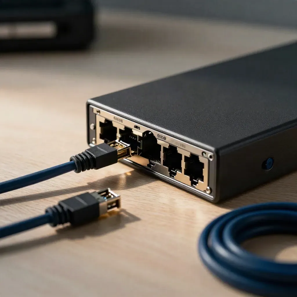 Switch réseau à demi monté avec câble patch serti et module SFP sur bois clair.