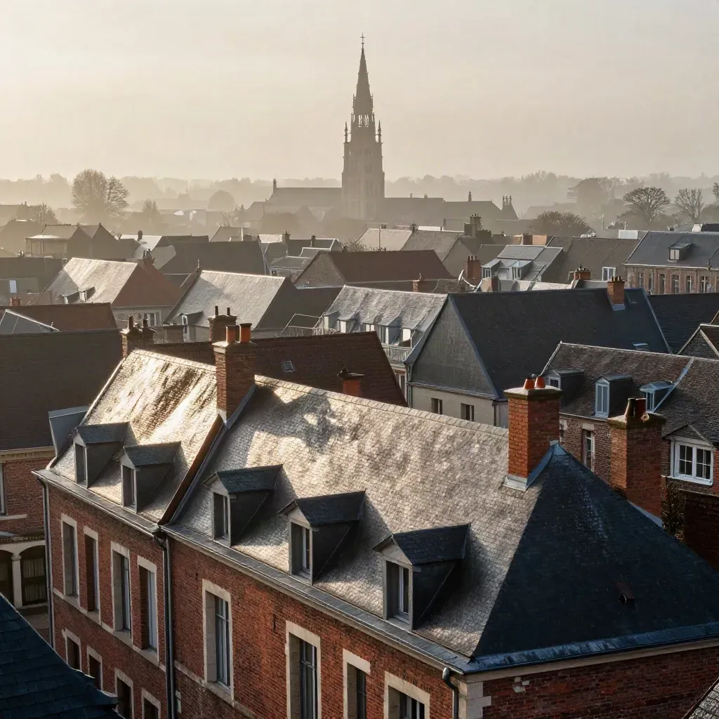 Toits de Lille et beffroi dans la brume, lumière de fin d’après-midi sur briques mouillées.